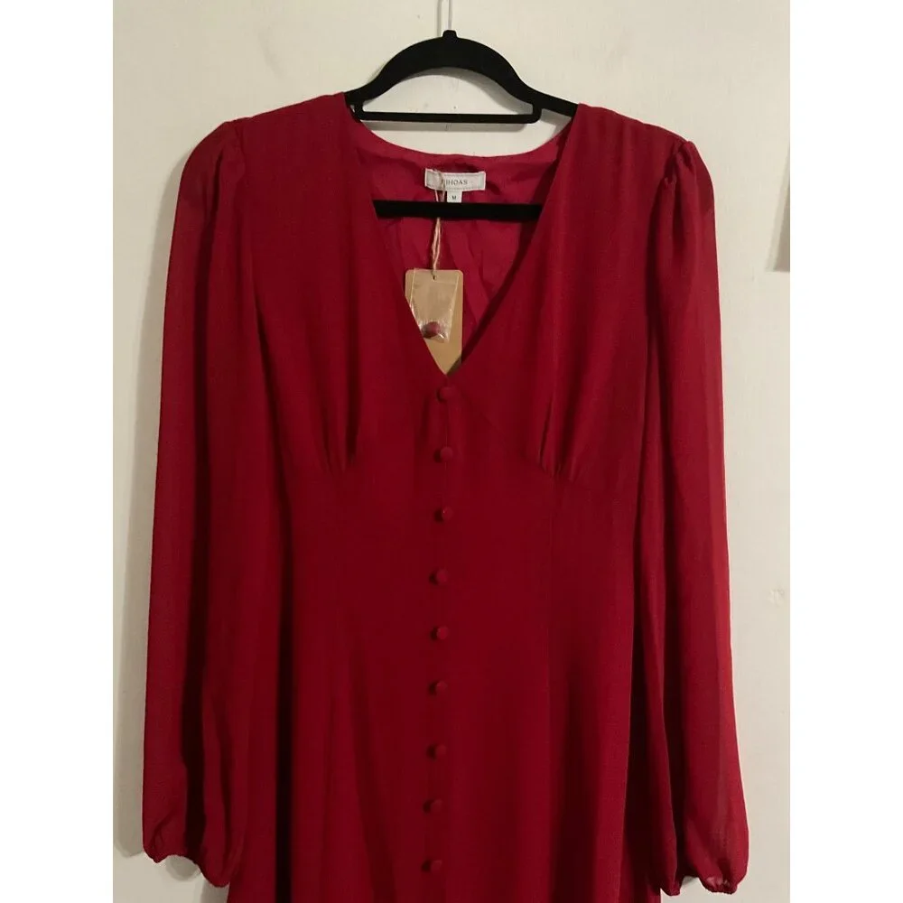 RIHOAS Women's Red V-Neck Puff Sleeve Slit Midi Dress NEW size Medium - Picture 7 of 14